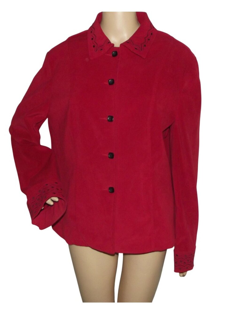 Southern Lady Jacket shirt shacket Womens 14 Red Faux Suede black embroidery